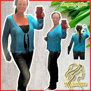Fashion Nova NWT - Sz 1X - Blue sequins sparkly Lightweight front tie cardigan